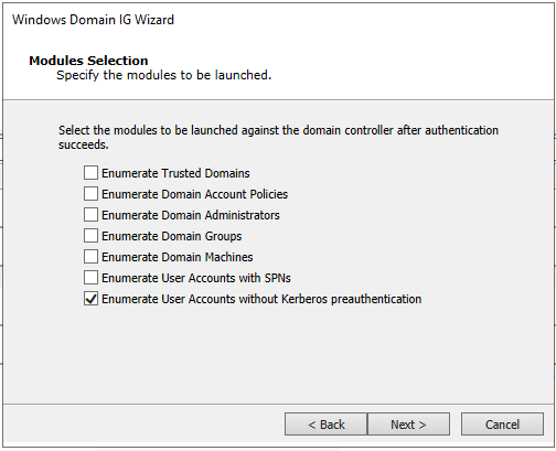 Windows Domaing IG - Enumerate User Accounts without Kerberos preauthentication - Modules Selection